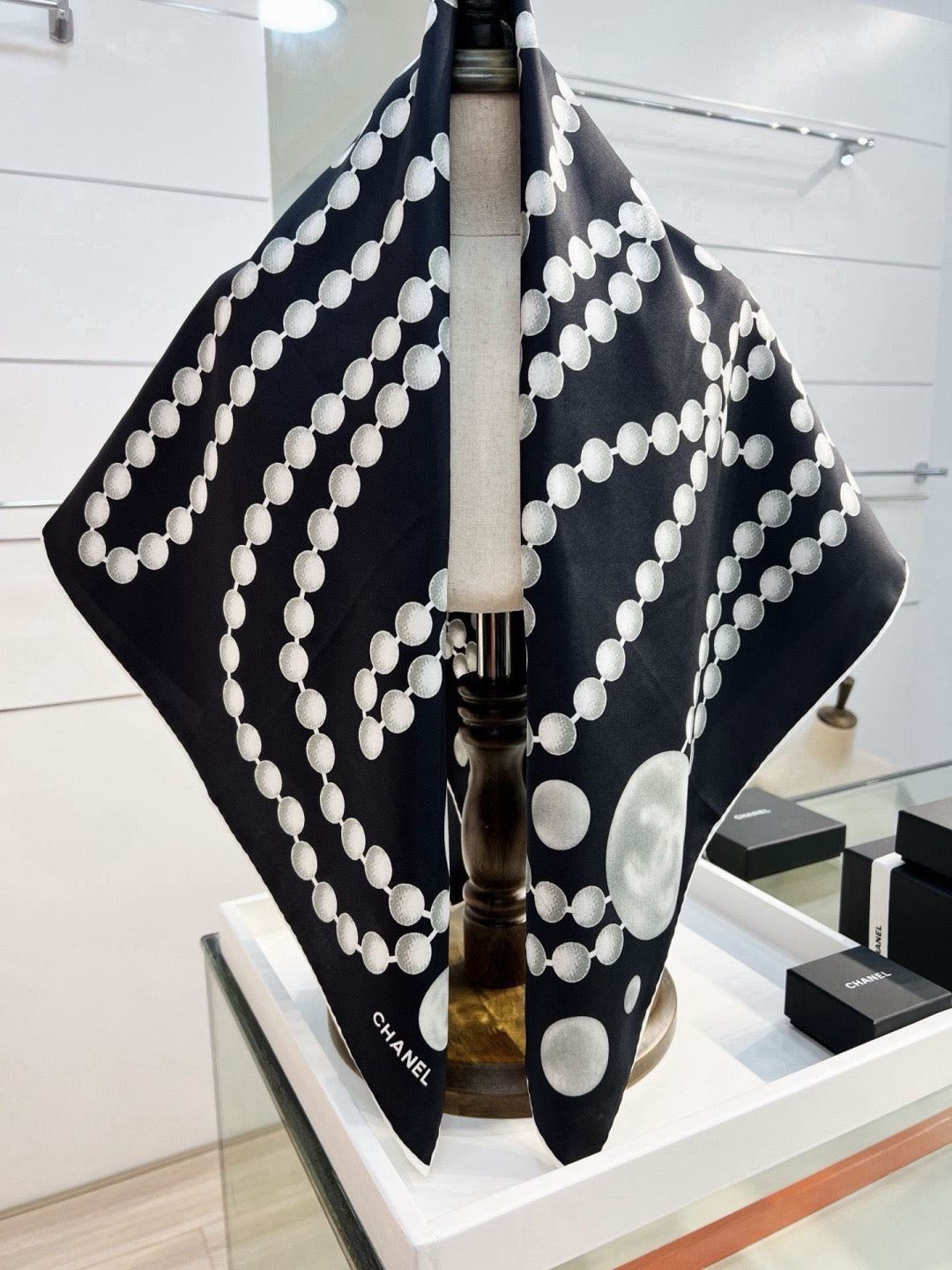 Chanel Style Pearl Motif Silk Scarf - Black White - Detail Image 5