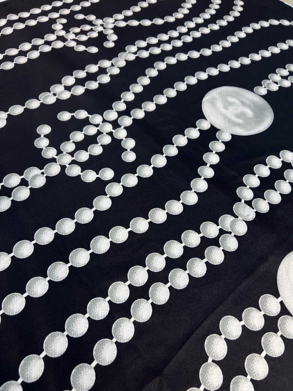 Chanel Style Pearl Motif Silk Scarf - Black White - Detail Image 6