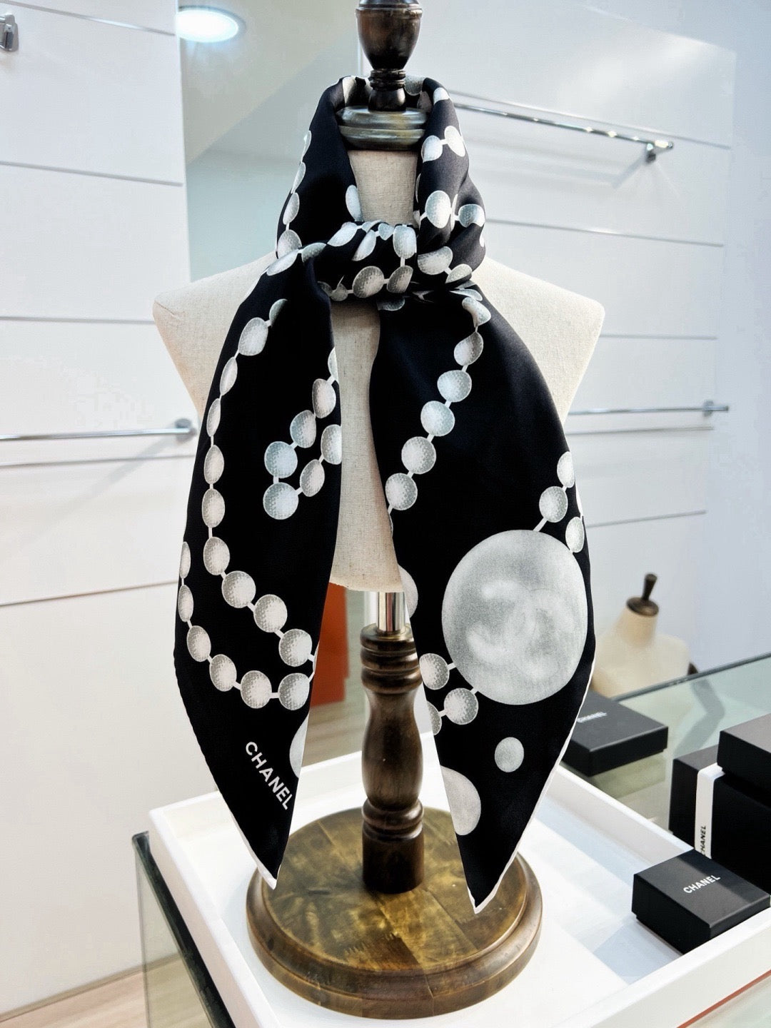 Chanel Style Pearl Motif Silk Scarf - Black White - Detail Image 9