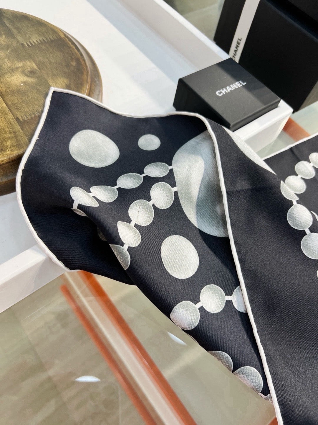 Chanel Style Pearl Motif Silk Scarf - Black White - Detail Image 10
