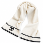 Chanel Style Rib-Knit Logo Scarf in Ivory