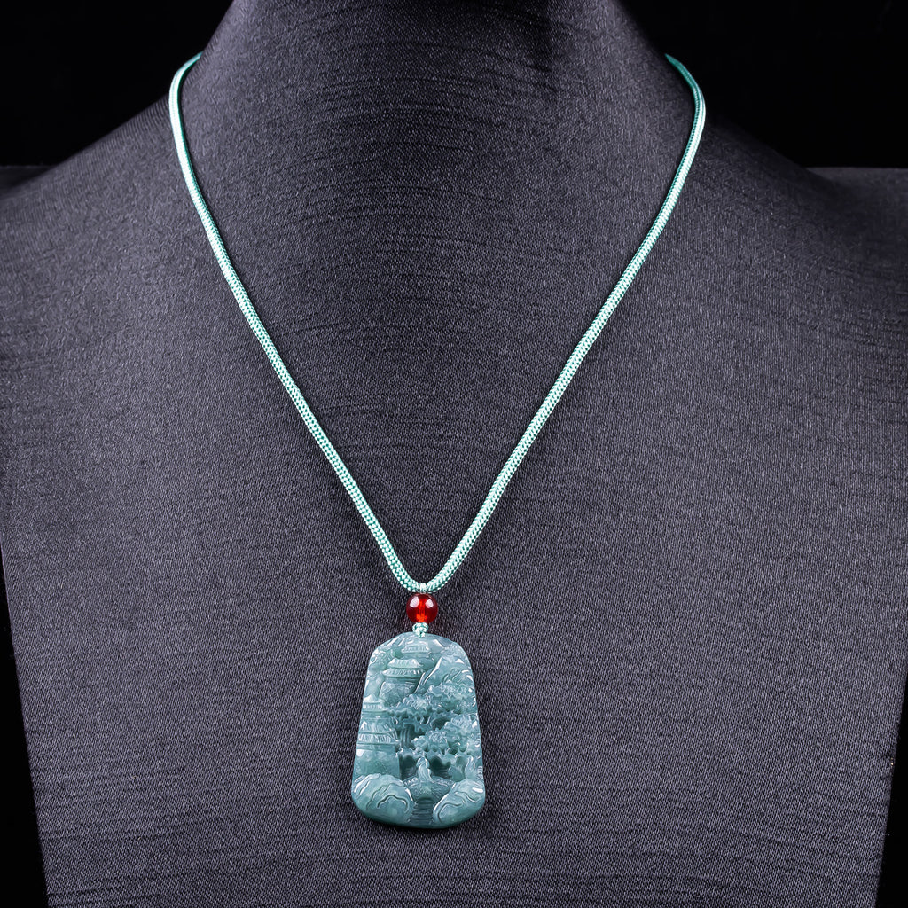 Natural Blue Water Jadeite Landscape Pendant - Grade A