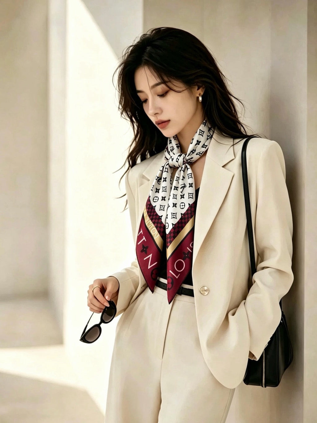 Louis Vuitton Style Monogram Silhouette Double-Sided Silk Scarf - Bordeaux - Model Worn Main Image