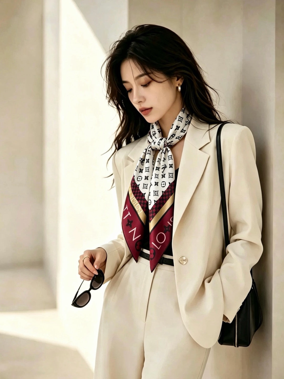 Louis Vuitton Style Monogram Silhouette Double-Sided Silk Scarf - Bordeaux - Model Worn Main Image