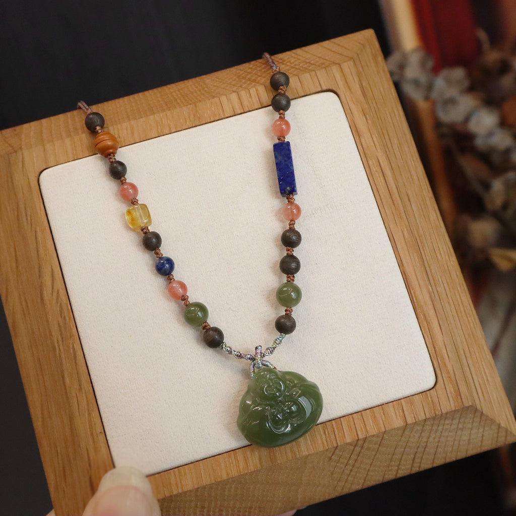 Pandora Natural Agarwood & Hetian Jade Buddha Pendant | Long Style | Peace & Safety