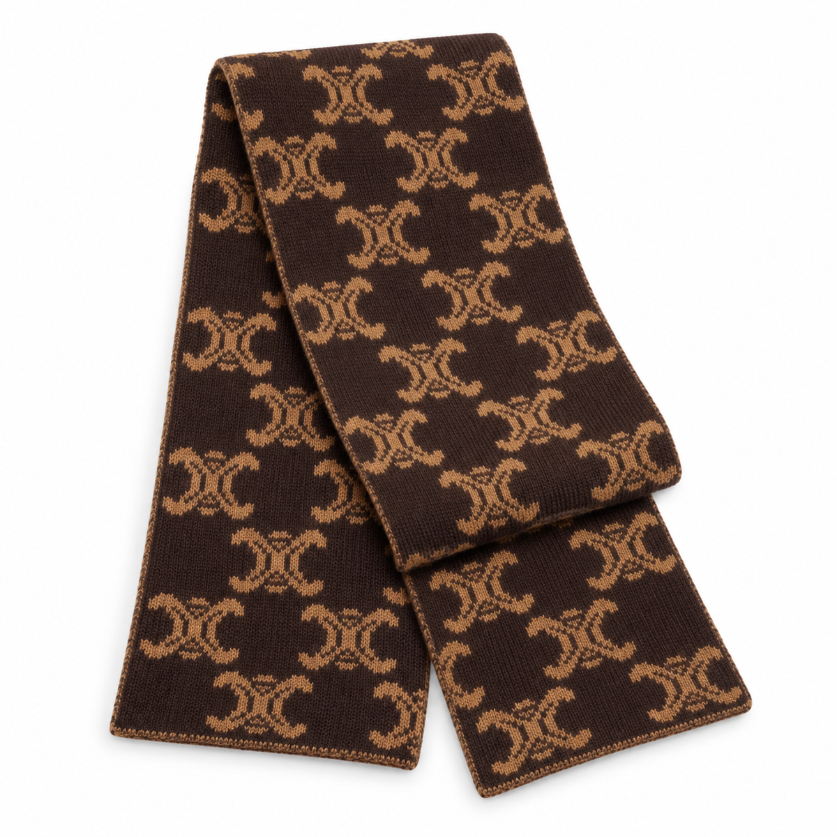 Celine Style Triomphe Monogram Knit Scarf in Dark Brown