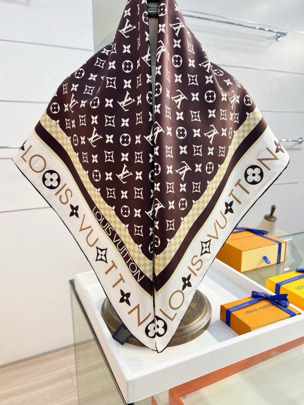 Louis Vuitton Style Monogram Silhouette Double-Sided Silk Scarf - Brown - Detail Image 4