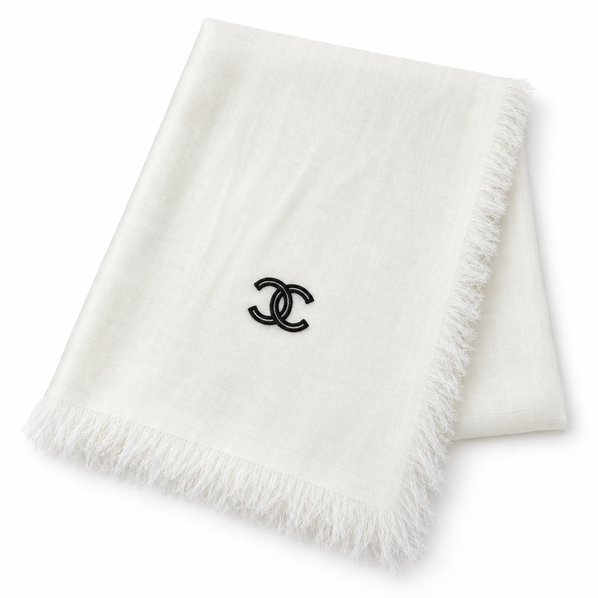 Chanel Style Lightweight Embroidered Logo Scarf in Ivory