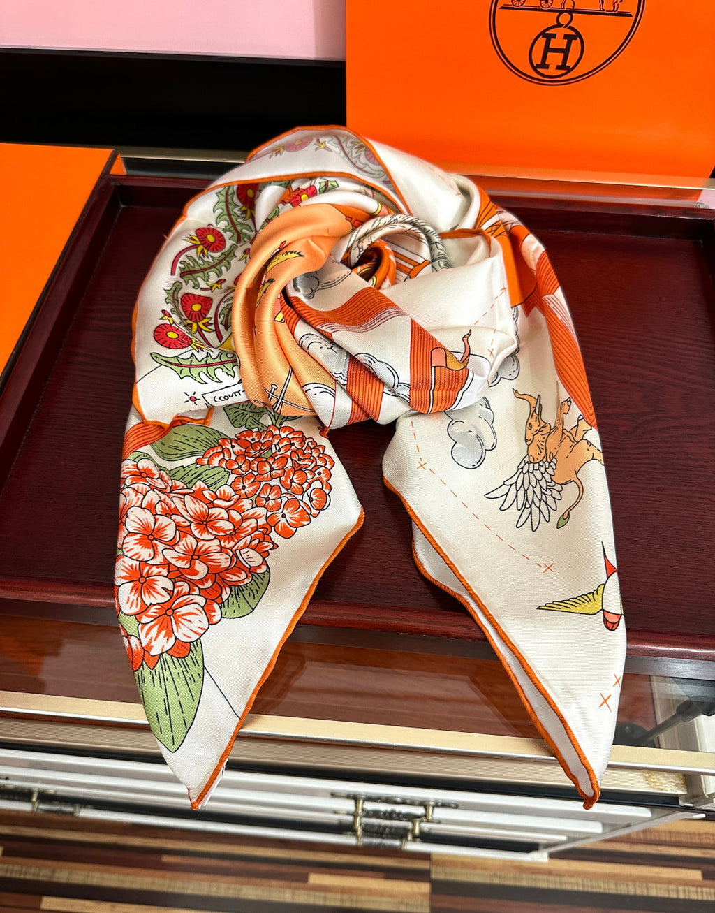 Hermes Style Poetic Journey Silk Scarf - Orange - Detail Image 3