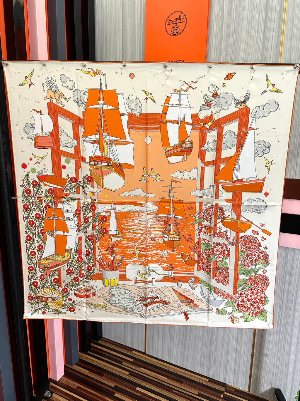 Hermes Style Poetic Journey Silk Scarf - Orange - Detail Image 8