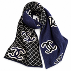 Chanel Style Reversible Plush Diamond Logo Scarf in Navy