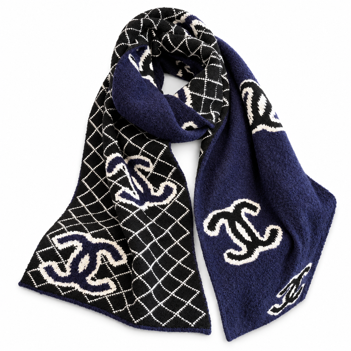 Chanel Style Reversible Plush Diamond Logo Scarf in Navy