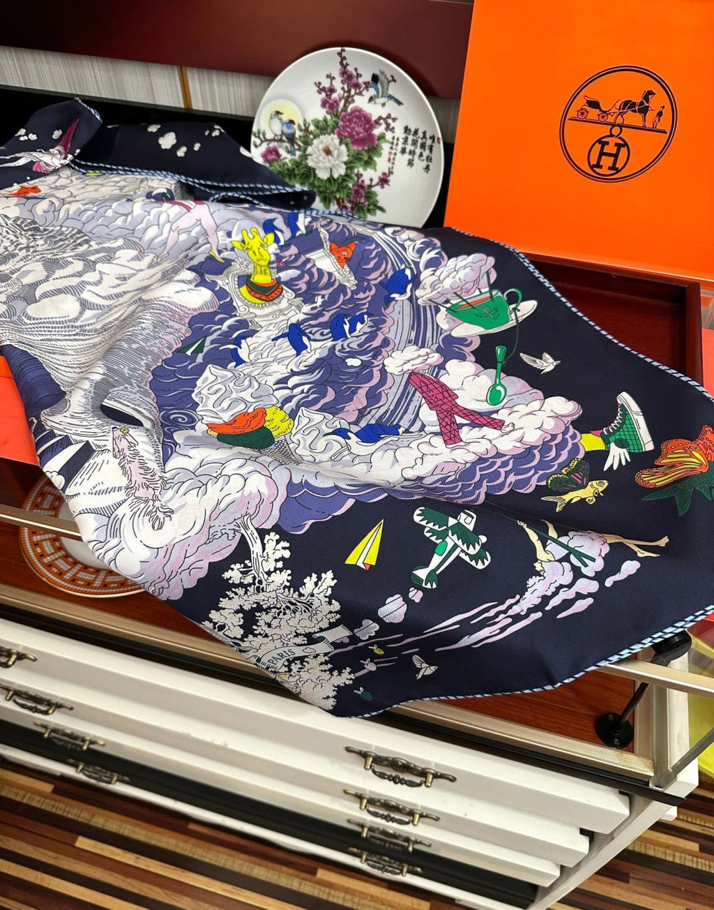Hermes Style My Cloudscape Silk Scarf - Navy - Detail Image 4