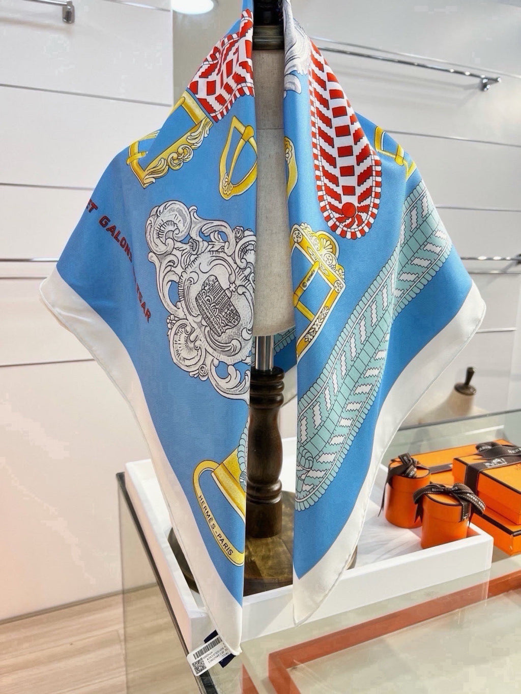 Hermes Style Boucles et Sangles Equestrian Silk Scarf - Blue - Detail Image 3