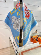 Hermes Style Boucles et Sangles Equestrian Silk Scarf - Blue - Detail Image 3