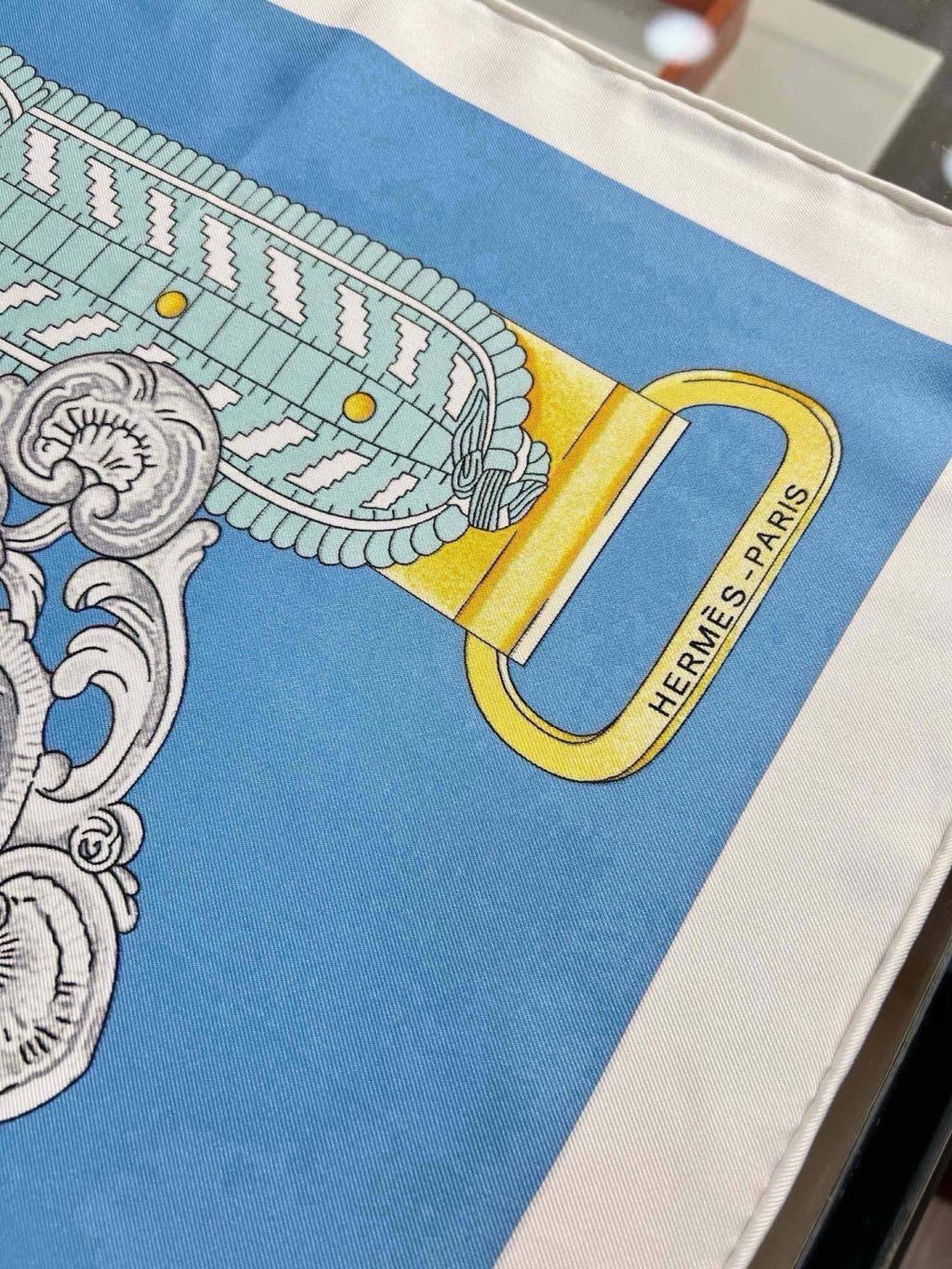 Hermes Style Boucles et Sangles Equestrian Silk Scarf - Blue - Detail Image 4