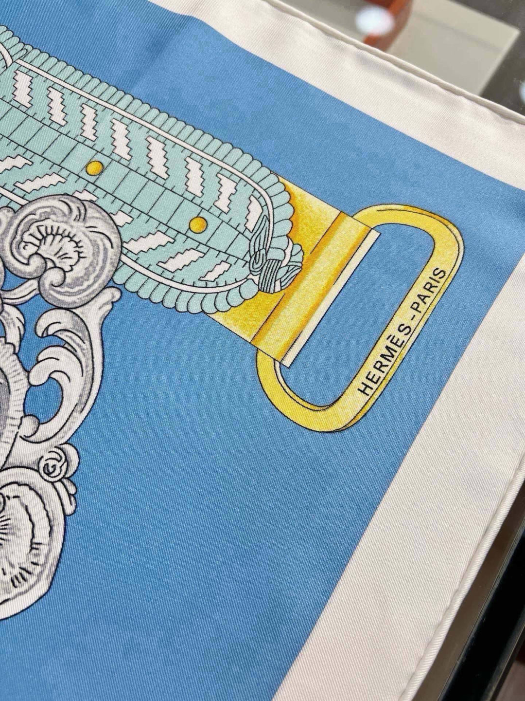 Hermes Style Boucles et Sangles Equestrian Silk Scarf - Blue - Detail Image 4