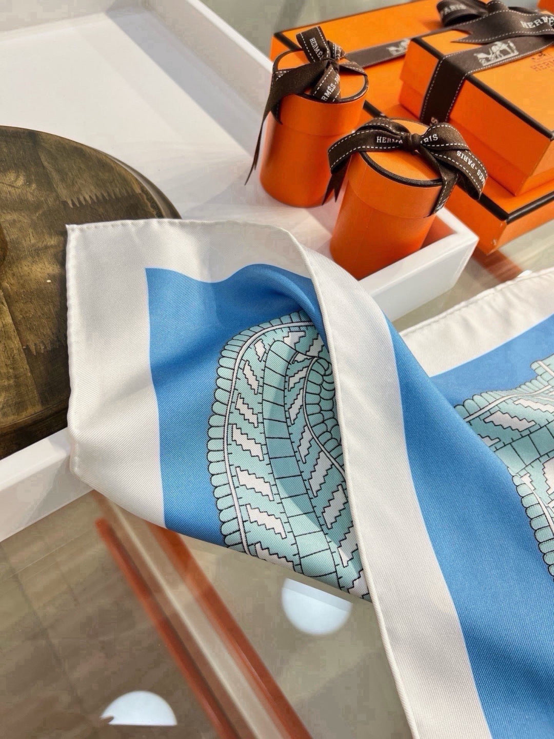 Hermes Style Boucles et Sangles Equestrian Silk Scarf - Blue - Detail Image 6