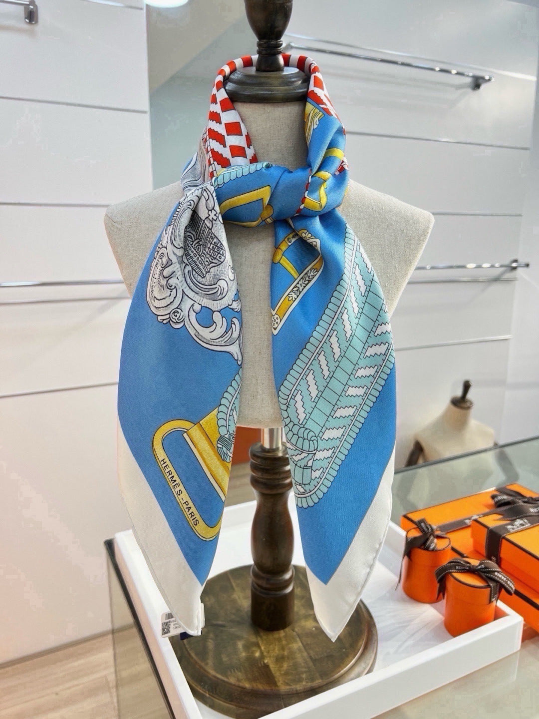 Hermes Style Boucles et Sangles Equestrian Silk Scarf - Blue - Detail Image 7