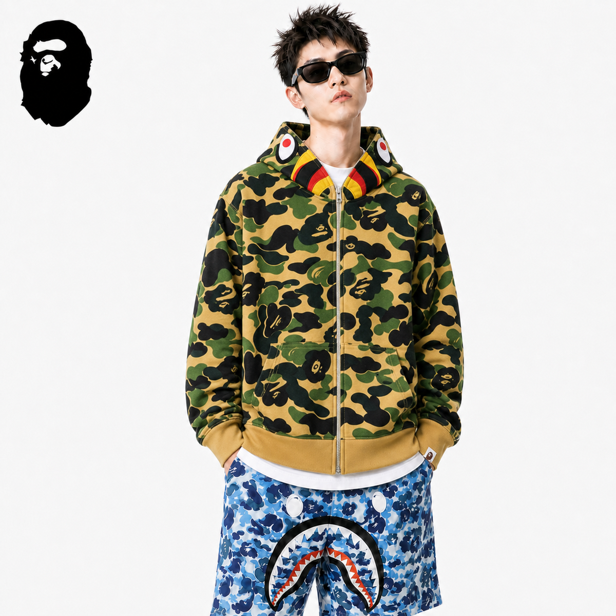 BAPE First Camo Shark Hoodie - Streetwear styled on a male model