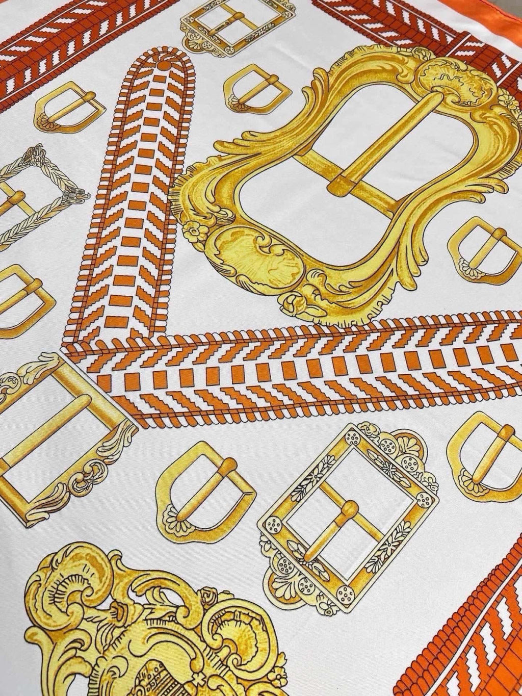 Hermes Style Boucles et Sangles Equestrian Silk Scarf - Orange - Detail Image 2