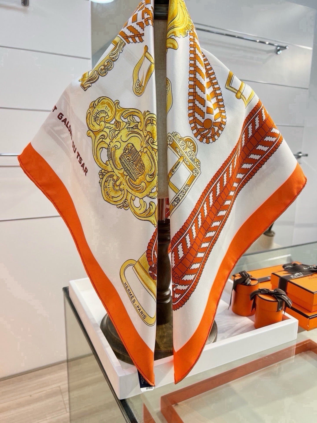 Hermes Style Boucles et Sangles Equestrian Silk Scarf - Orange - Detail Image 3