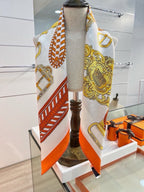 Hermes Style Boucles et Sangles Equestrian Silk Scarf - Orange - Detail Image 5