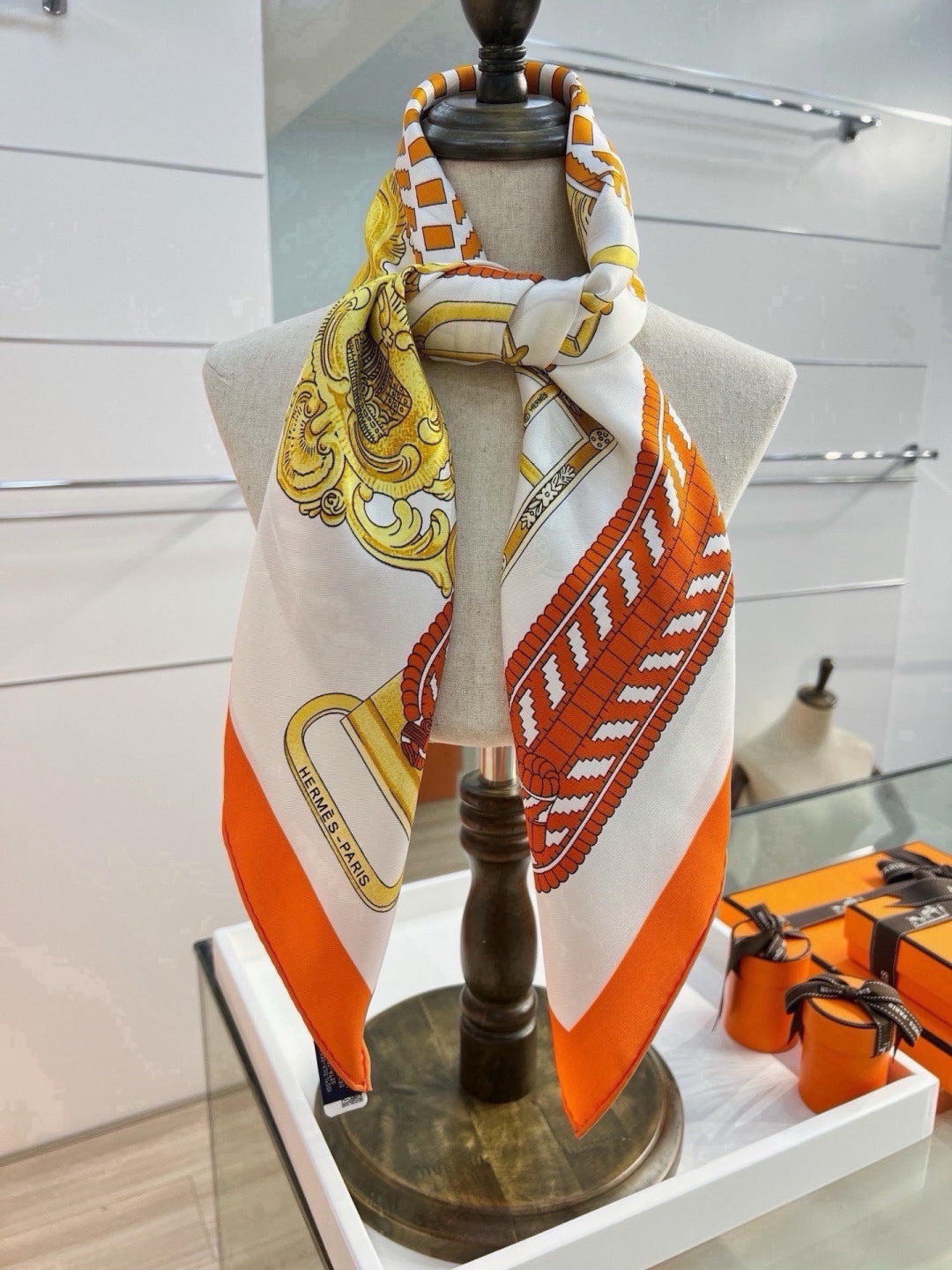 Hermes Style Boucles et Sangles Equestrian Silk Scarf - Orange - Detail Image 7