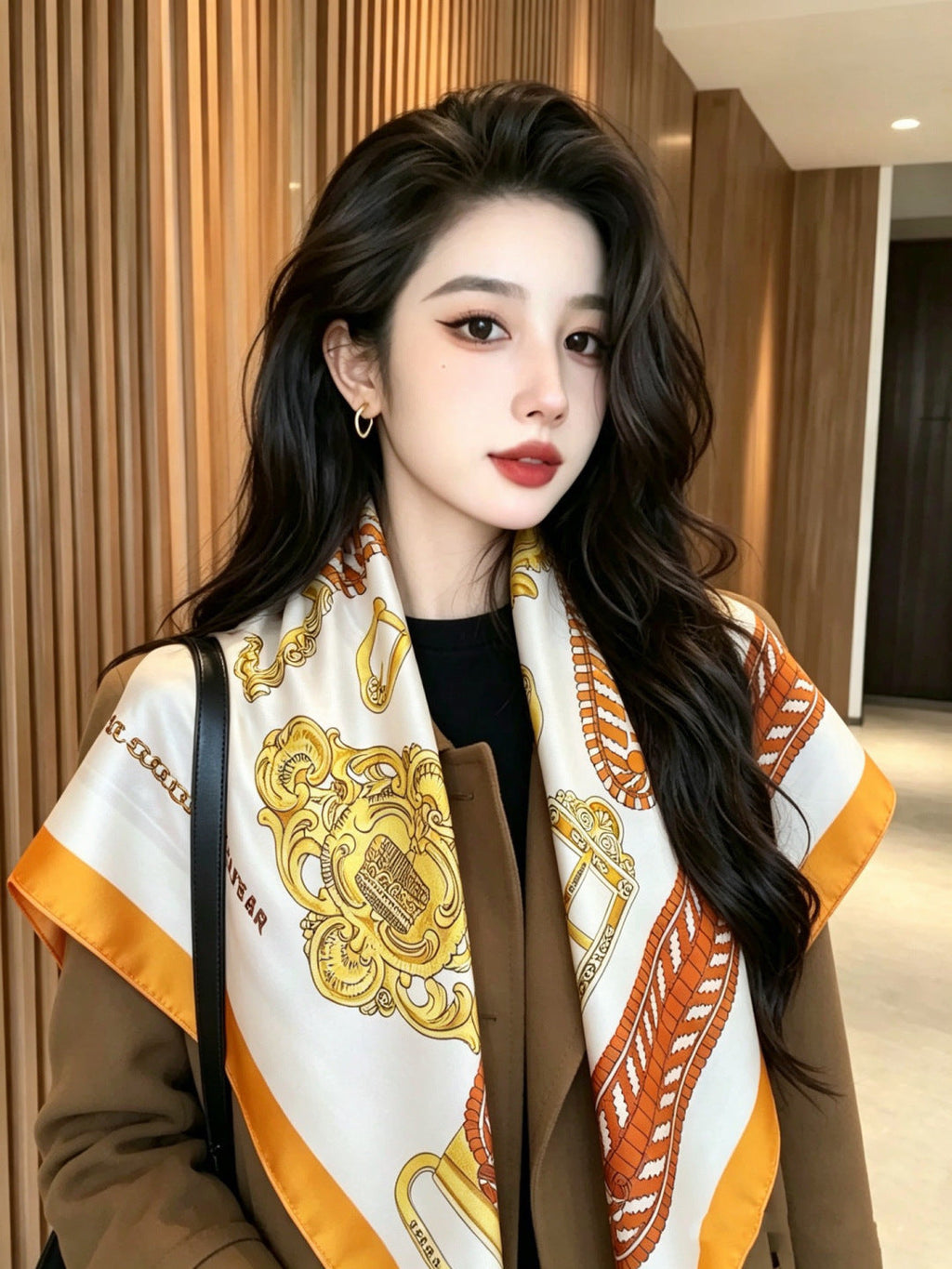 Hermes Style Boucles et Sangles Equestrian Silk Scarf - Orange - Model Worn Main Image