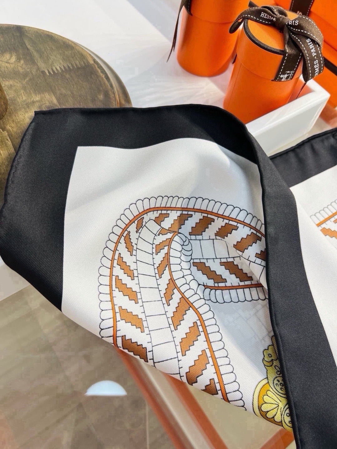Hermes Style Boucles et Sangles Equestrian Silk Scarf - Black - Detail Image 6