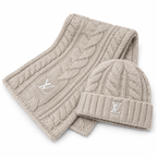 Louis Vuitton Style Cable-Knit Scarf and Beanie Set in Beige