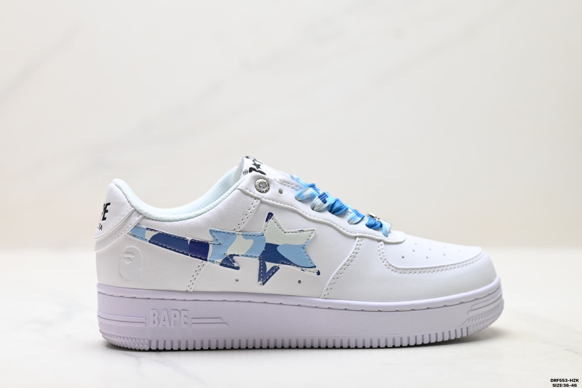 BAPE-Inspired Low-Top Streetwear Sneakers – White / Blue Camo