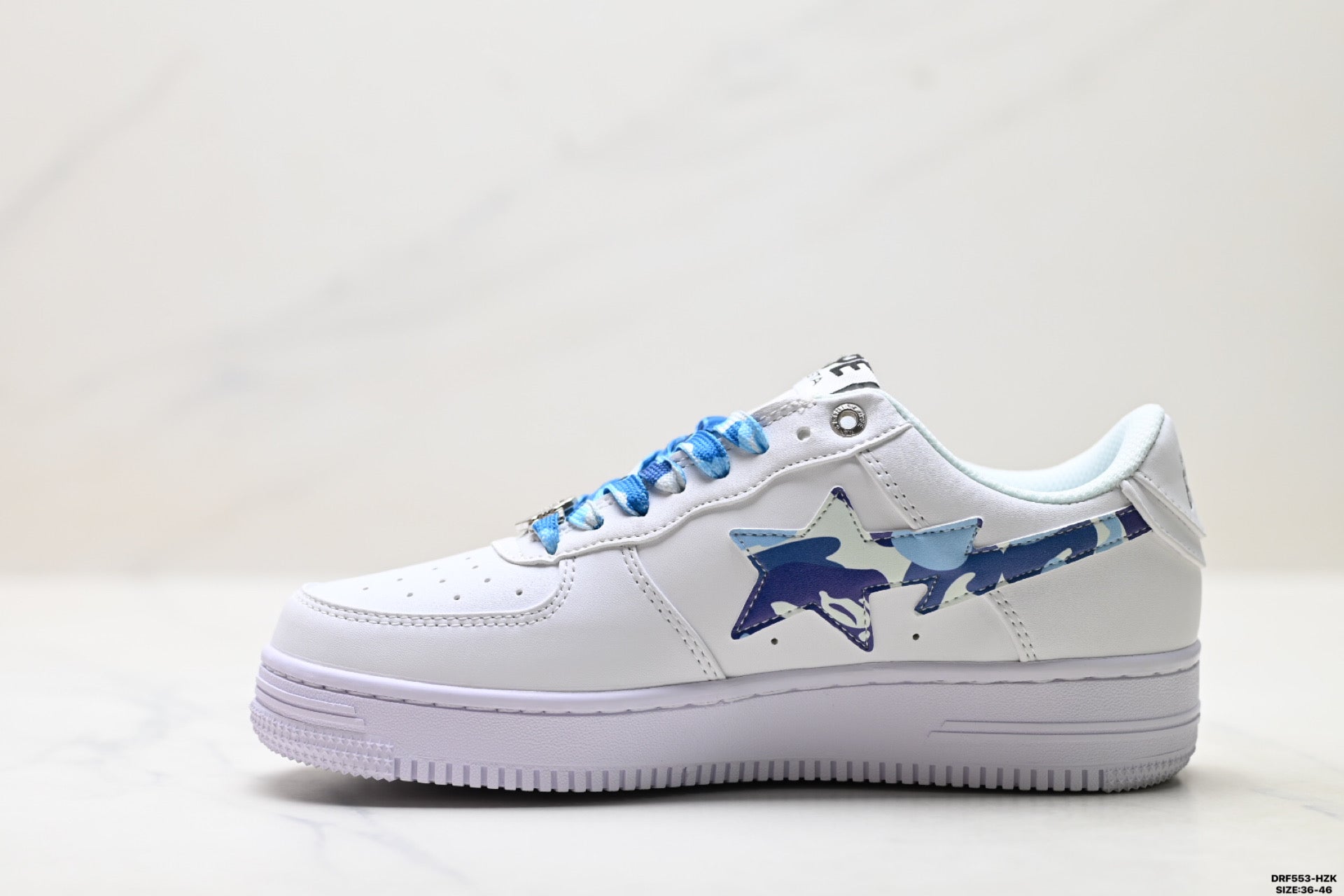 BAPE-Inspired Low-Top Streetwear Sneakers – White / Blue Camo