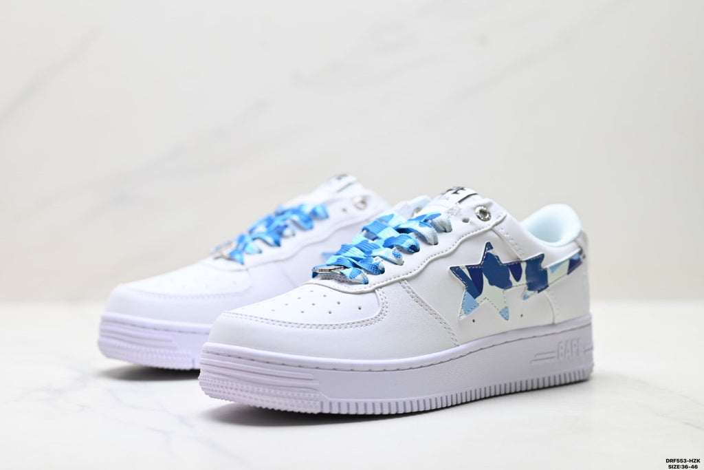 BAPE-Inspired Low-Top Streetwear Sneakers – White / Blue Camo