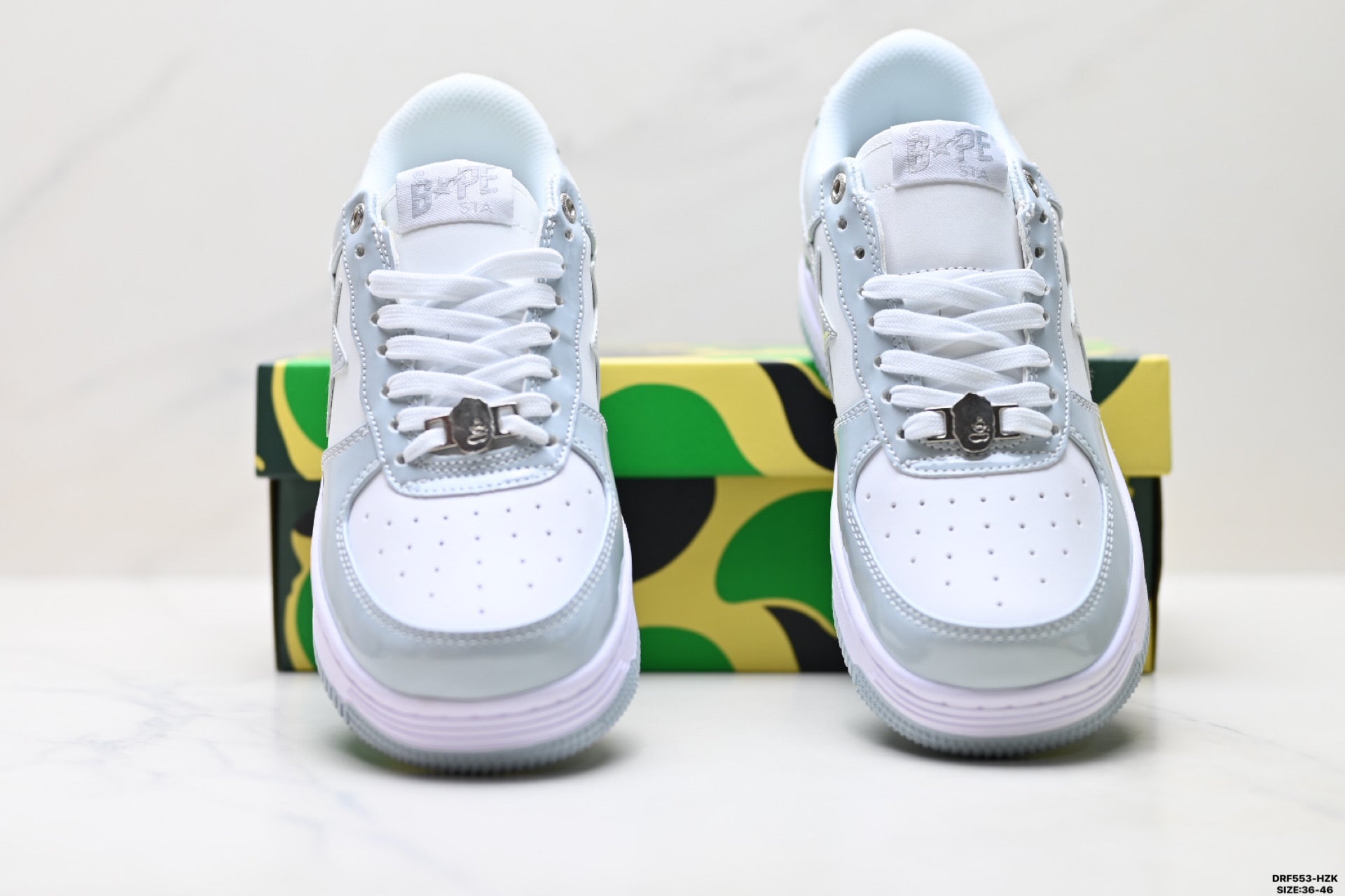 BAPE-Inspired Low-Top Streetwear Sneakers – Silver / White