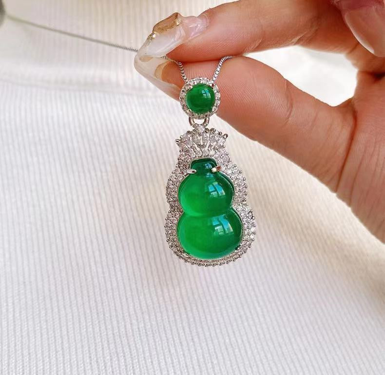 Ice-Grade Green Chalcedony Gourd Pendant Necklace