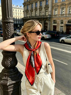 Hermes Style Galloping Free Equestrian Silk Scarf - Red - Model Worn Main Image