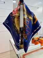 Hermes Style Galloping Free Equestrian Silk Scarf - Navy - Detail Image 3