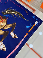 Hermes Style Galloping Free Equestrian Silk Scarf - Navy - Detail Image 4