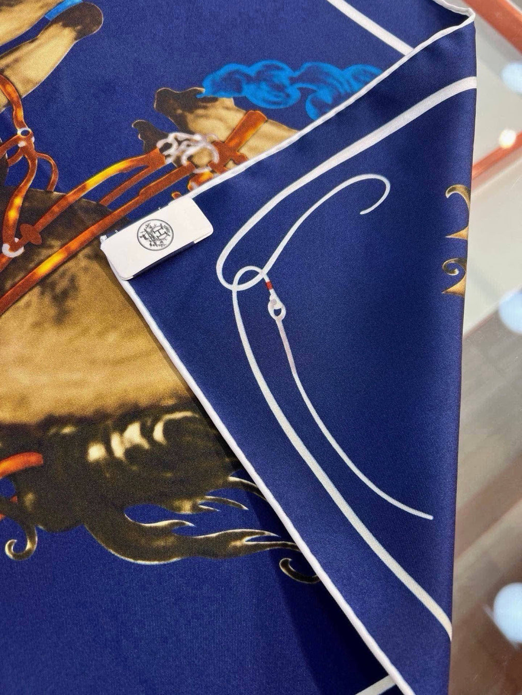 Hermes Style Galloping Free Equestrian Silk Scarf - Navy - Detail Image 6