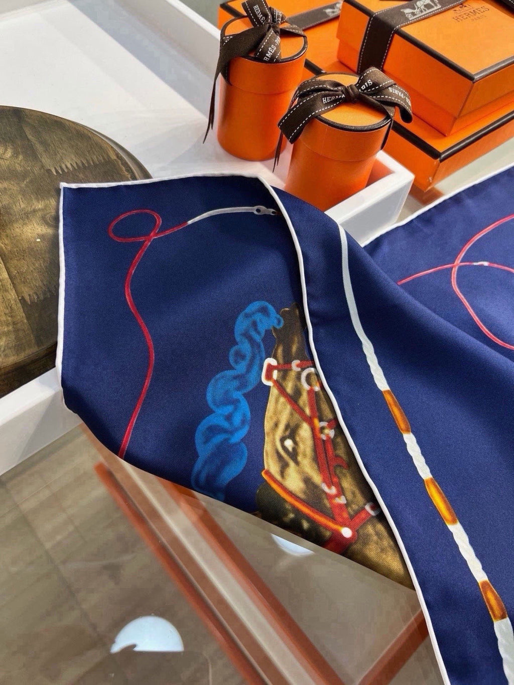 Hermes Style Galloping Free Equestrian Silk Scarf - Navy - Detail Image 8