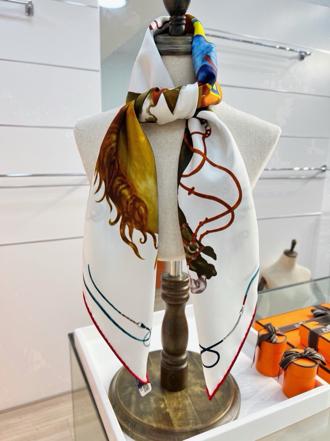 Hermes Style Galloping Free Equestrian Silk Scarf - White - Detail Image 7