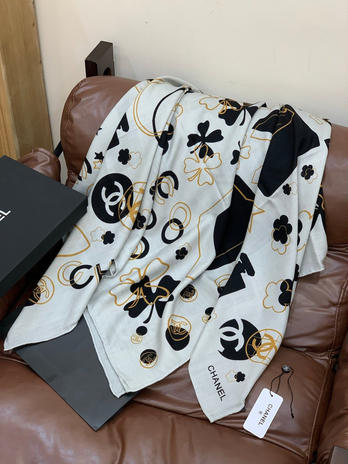 Chanel Style Coco Camellia Velvet Scarf - Black White - Detail Image 3