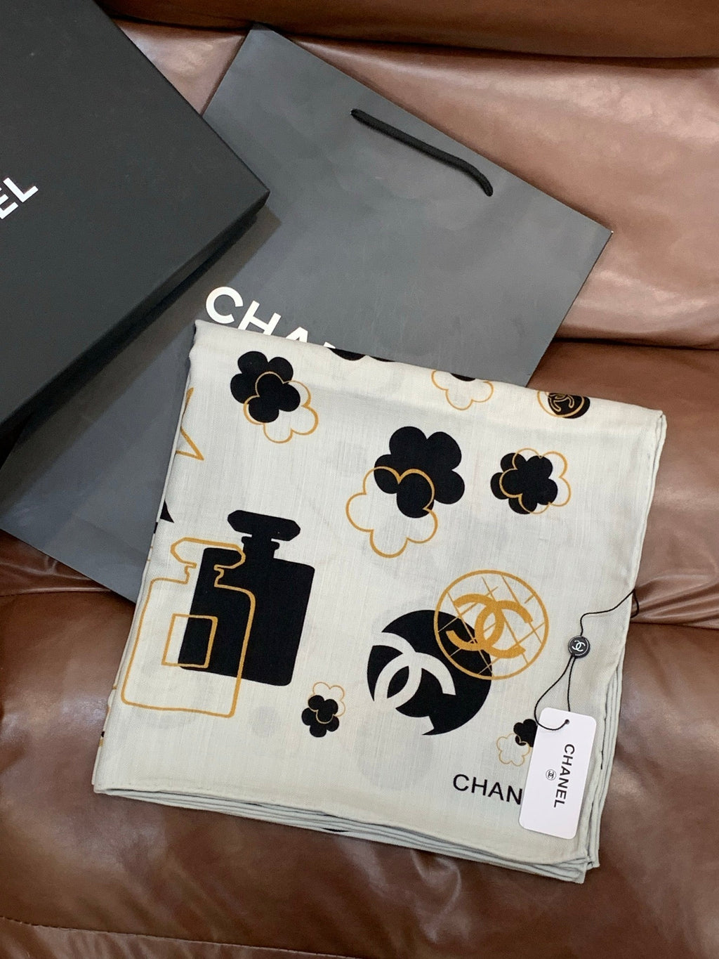 Chanel Style Coco Camellia Velvet Scarf - Black White - Detail Image 5