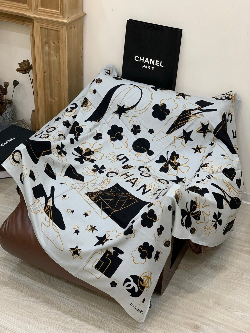 Chanel Style Coco Camellia Velvet Scarf - Black White - Detail Image 6