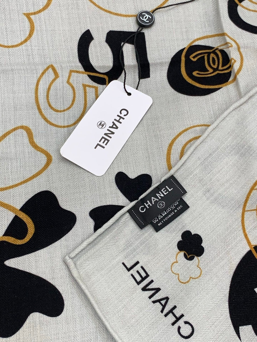 Chanel Style Coco Camellia Velvet Scarf - Black White - Detail Image 7