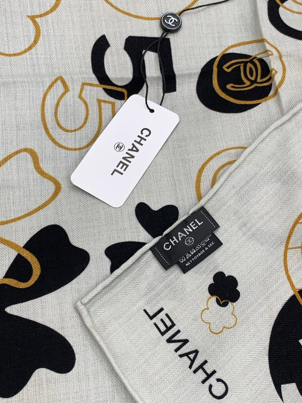 Chanel Style Coco Camellia Velvet Scarf - Black White - Detail Image 7