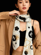 Chanel Style Coco Camellia Velvet Scarf - Black White - Model Worn Main Image