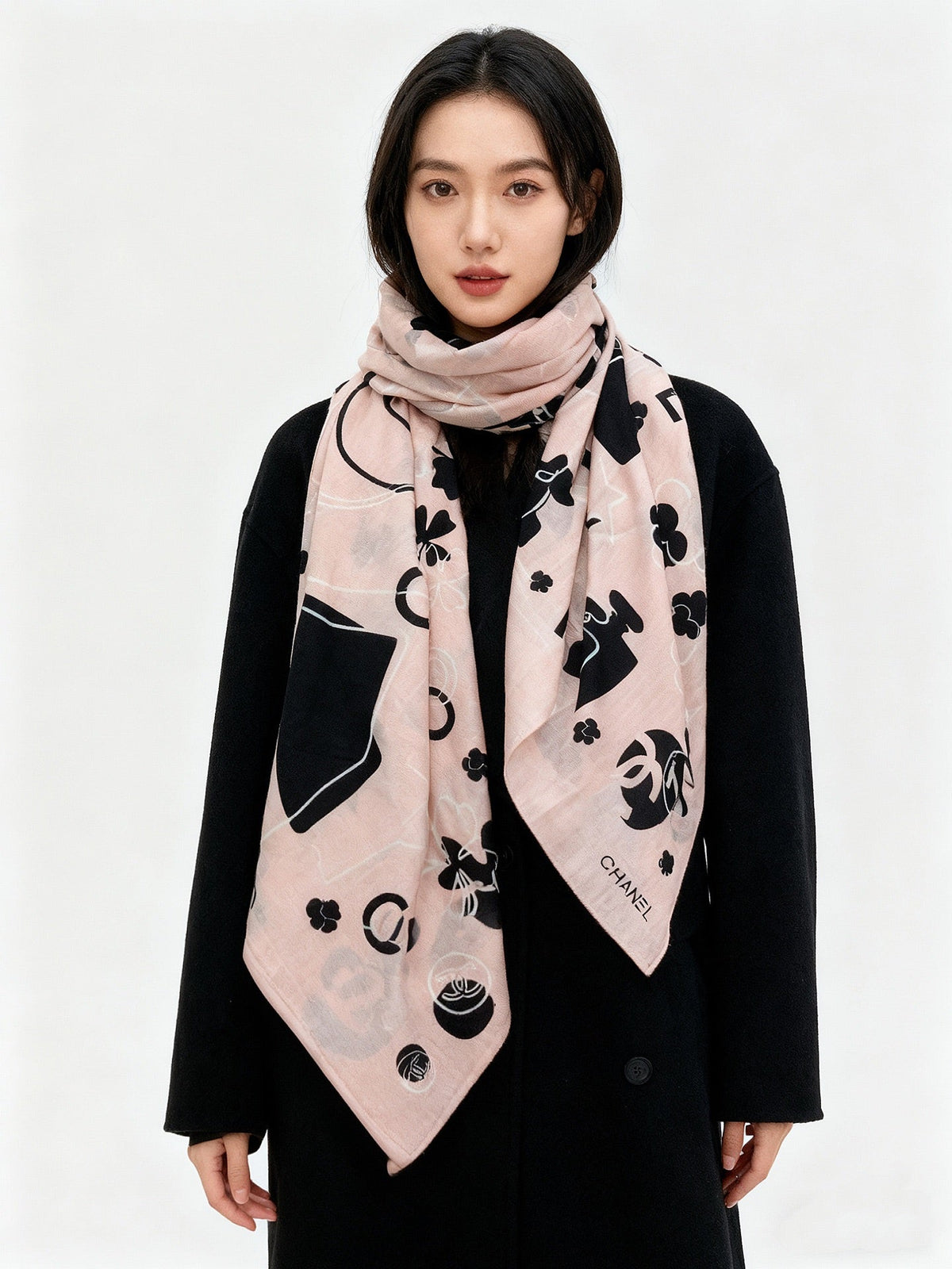 Chanel Style Coco Camellia Velvet Scarf - Pink - Detail Image 2