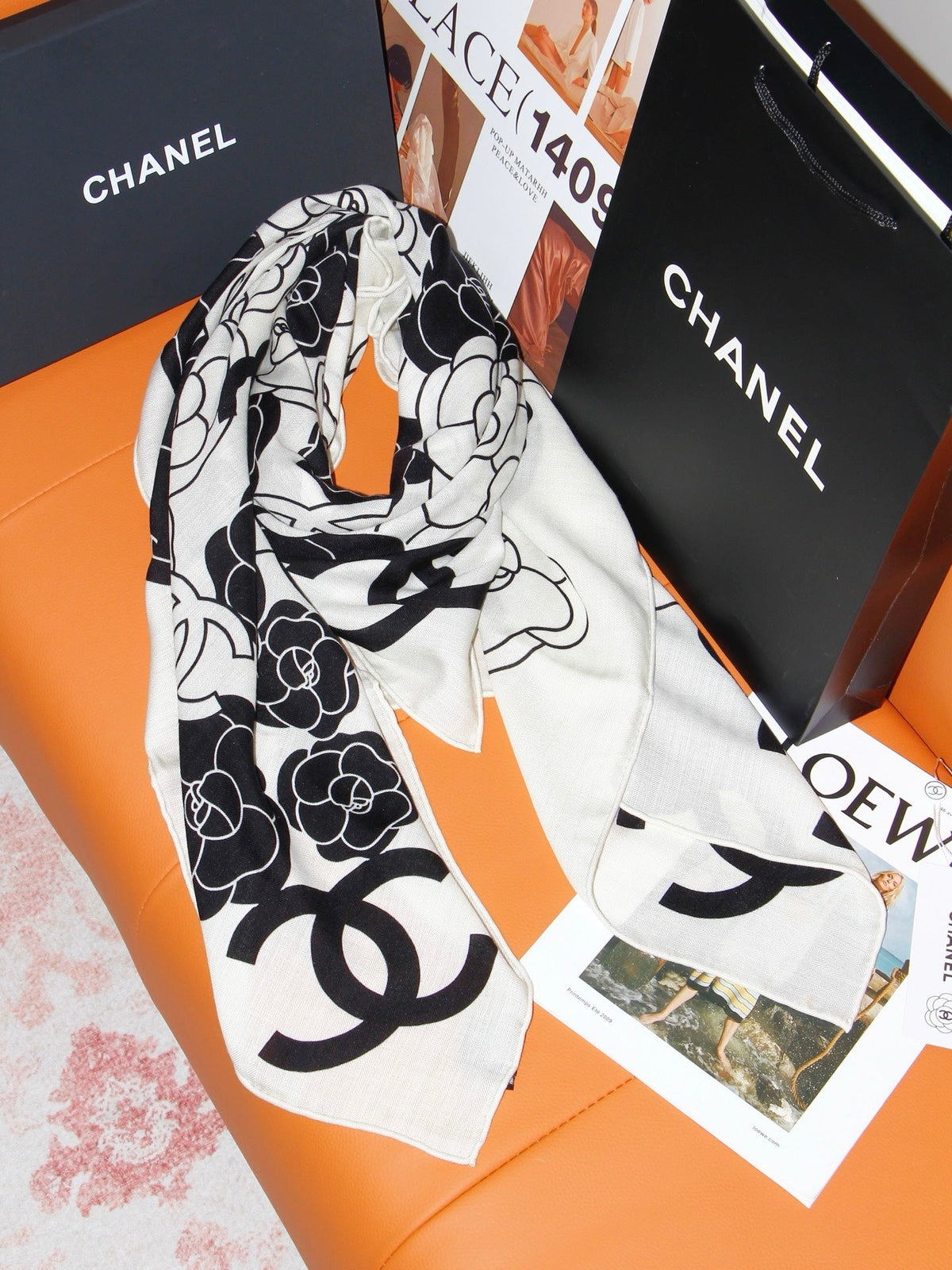 Chanel Style Camellia Velvet Shawl - White Black - Detail Image 5